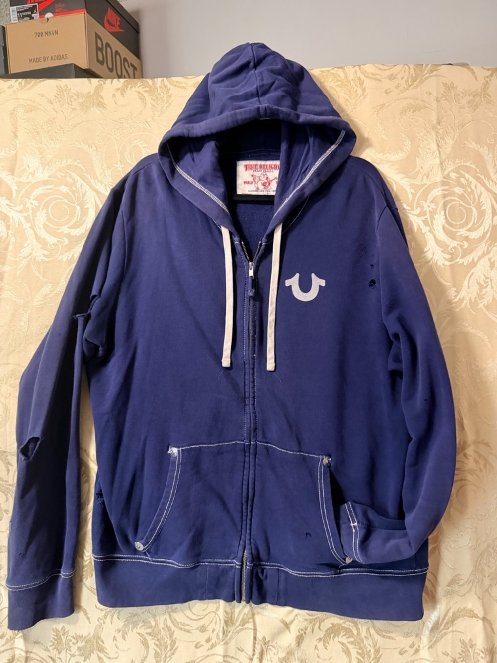 True Religion Navy Blue Zip Hoodie with Horseshoe Logo